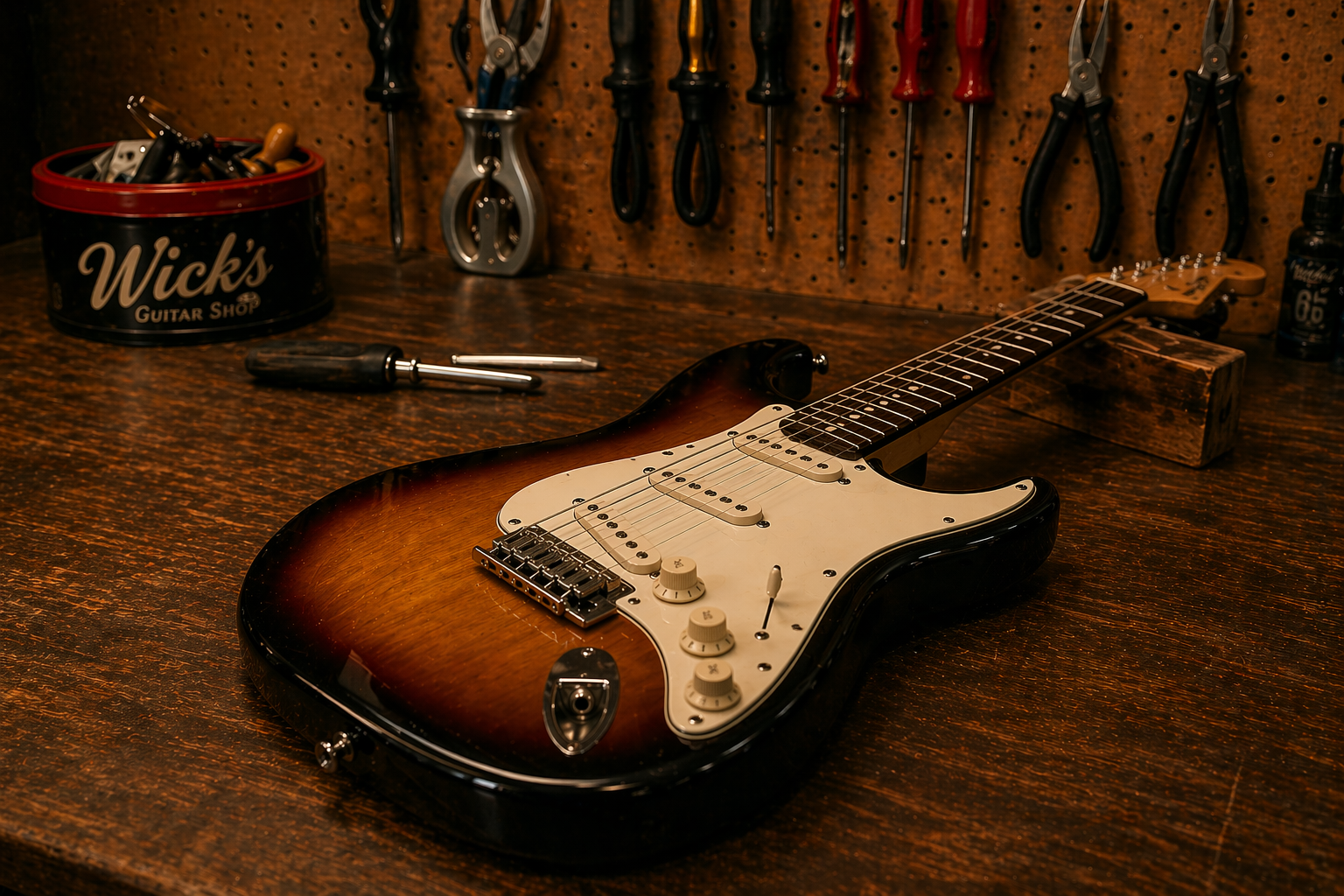 Guitar on workbench with tools
